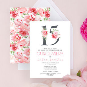 Blommigt nummer 15 Rosa Elegant Modern Quinceañera Inbjudningar