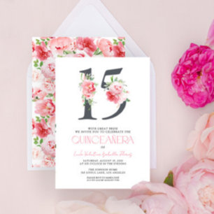 Blommigt nummer 15 Rosa Elegant Modern Quinceañera Inbjudningar