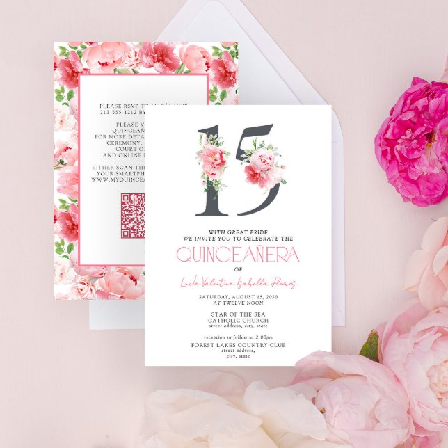 Blommigt nummer 15 Rosa Elegant QR Quinceañera Inbjudningar (Skapare uppladdad)
