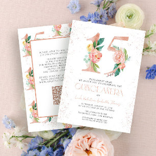 Blommigt nummer 15 Rosa ros Guld QR Quinceañera Inbjudningar