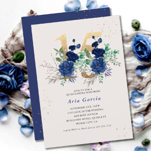 Blommigt nummer 15 Royal Blue och Guld Quinceanera Inbjudningar
