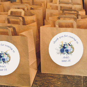 Blommigt nummer 16 Ivoriskt Royal Blue Guld Sweet Runt Klistermärke