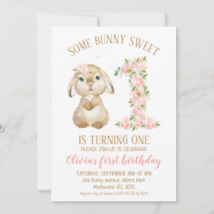 Blommigt Nummer Bunny Rabbit 1:a födelsedagsinbjud Inbjudningar