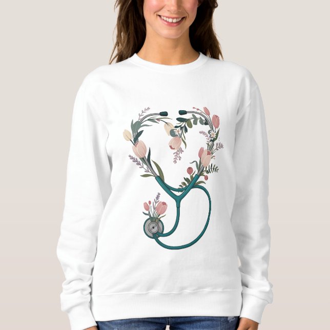 Blommigt Nurse Stethoscope T-Shirt - Mjuk pastel (Framsida)
