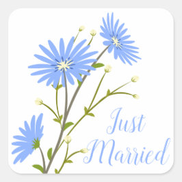 Blommigt Ny gifta Daisy Flowers Blue Bröllop Fyrkantigt Klistermärke