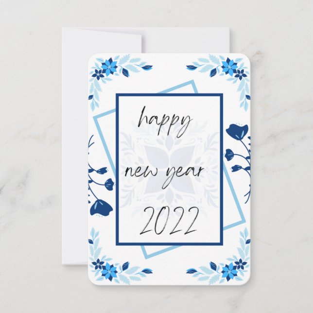 blommigt nytt årskort, blått nytt årskort 2022 tack kort (Framsida)
