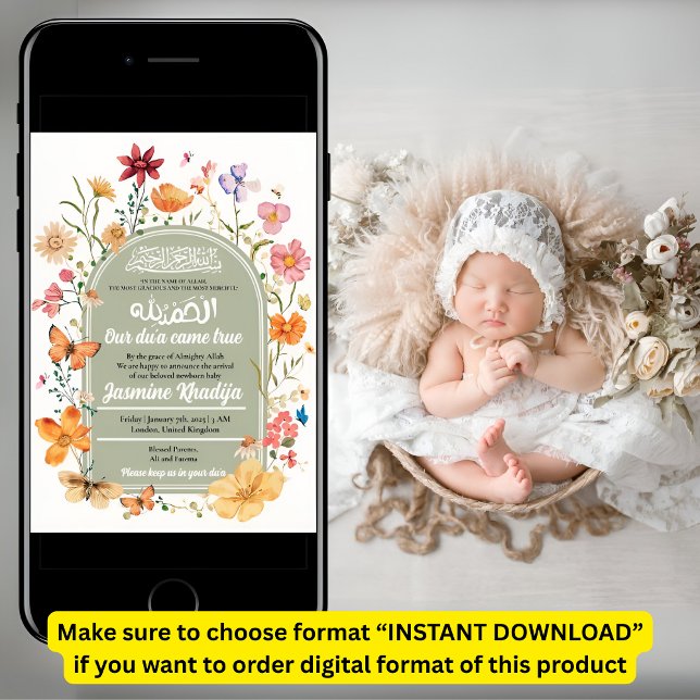 Blommigt Nytt fött muslimskt födelseattentat Baby Inbjudningar (Skapare uppladdad)