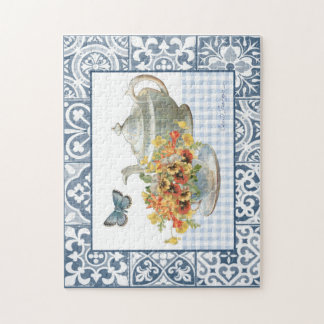Blommigt och Blue Butterfly Tea Party Puzzle Pussel