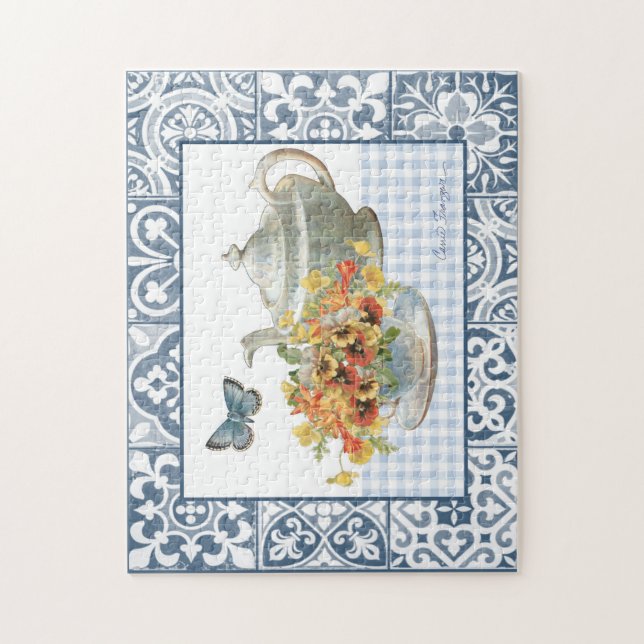 Blommigt och Blue Butterfly Tea Party Puzzle Pussel (Vertikal)