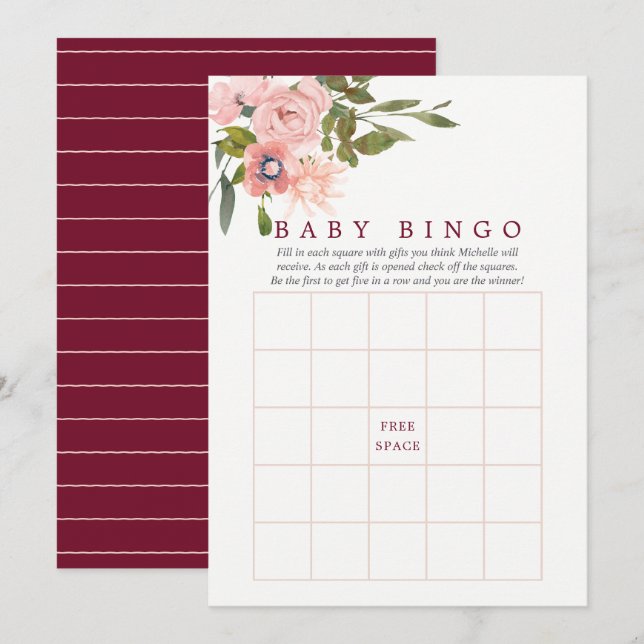 Blommigt  och Burgundy Baby Shower Baby Bingo Inbjudningar (Fram/baksida)