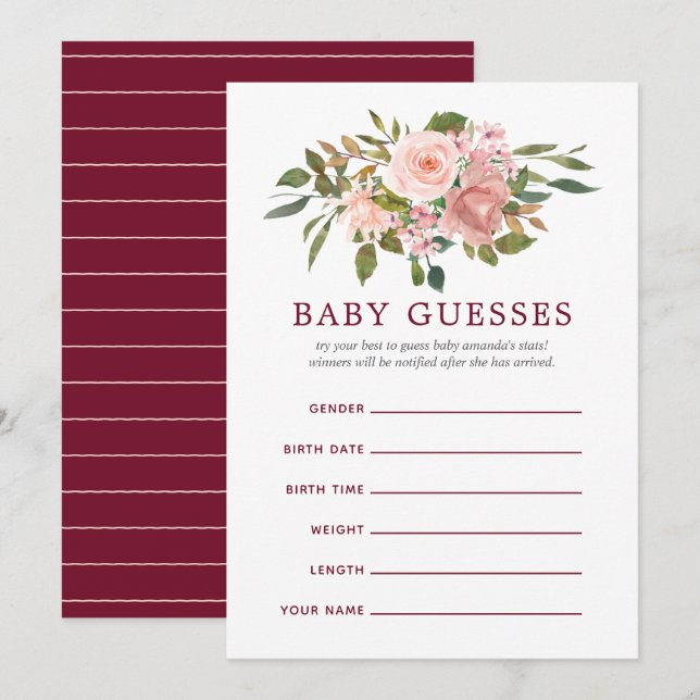 Blommigt  och Burgundy Baby Shower Baby Guesses Inbjudningar (Fram/baksida)