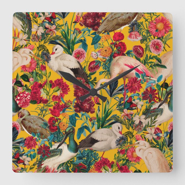 BLOMMIGT OCH FÅGLAR XVIII FYRKANTIG KLOCKA (Framsida)