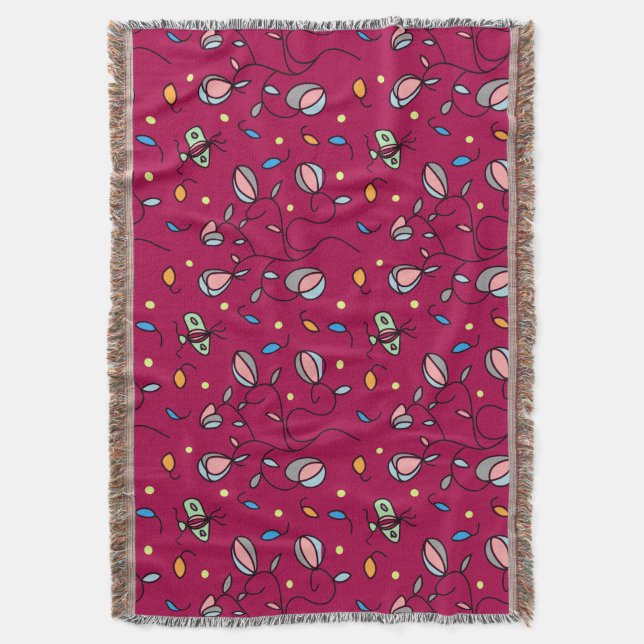 Blommigt och fjäril roligt, sömlös rosa mönster filt (Framsidan Vertikal)