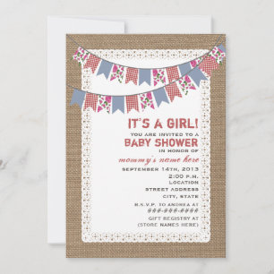 Blommigt och Gingham Bunting Burlap Inspired Girl  Inbjudningar