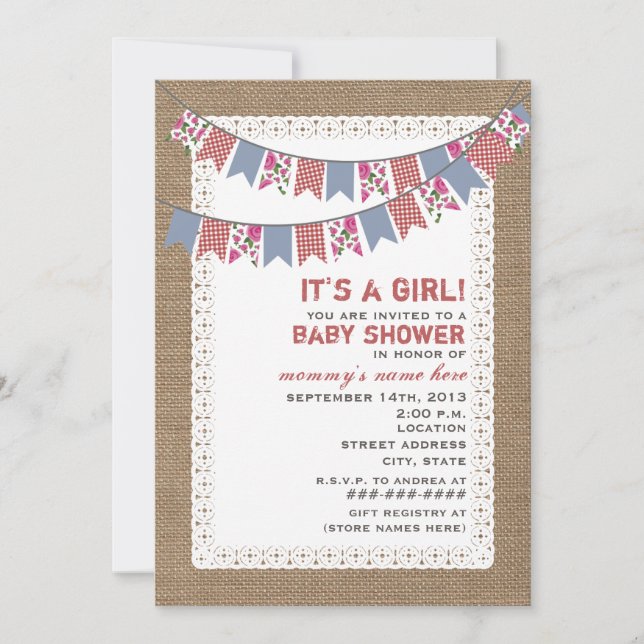 Blommigt och Gingham Bunting Burlap Inspired Girl  Inbjudningar (Framsida)