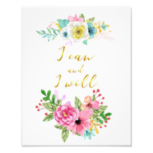 Blommigt och Guld Calligrafi jag kan och kommer at Fototryck