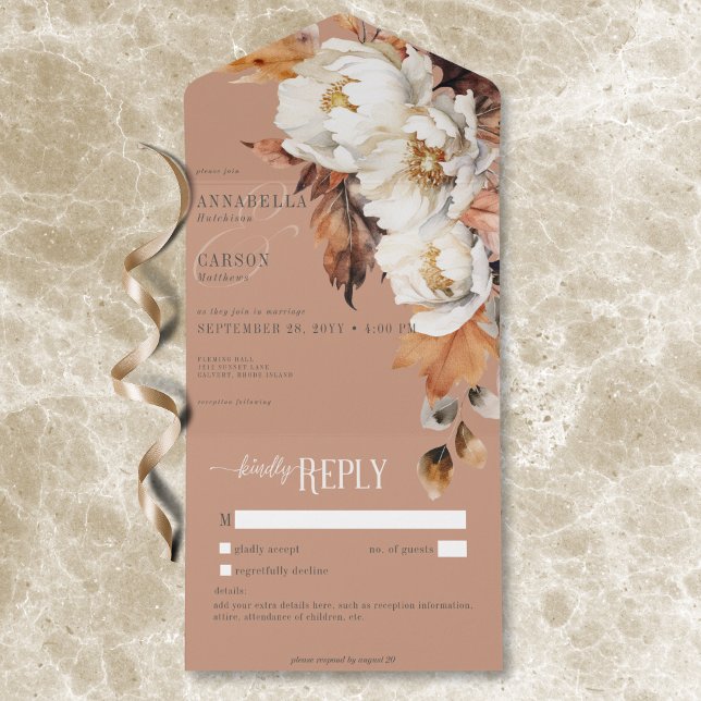 Blommigt och Löv av rostfritt rost och grädde utan (Rustic Rust & Cream Fall Floral & Leaves No Dinner All In One Invitation)