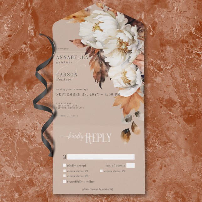 Blommigt och Löv för Rustic Tan & Cream Fall (Rustic Tan & Cream Fall Floral & Leaves Dinner All In One Invitation)