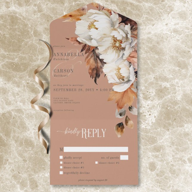 Blommigt- och Löv-middag för Rustik Rust & Cream F (Rustic Rust & Cream Fall Floral & Leaves Dinner All In One Invitation)