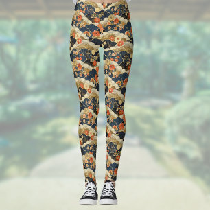 Blommigt och moln för japanska Stil Retro Teal och Leggings