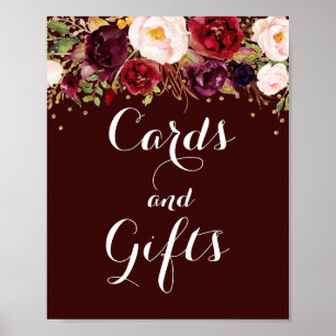 Blommigt- och presentkort för guld Burgundy Bröllo Poster