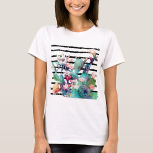 Blommigt och rand-design för söt vattenfärgsrä t shirt