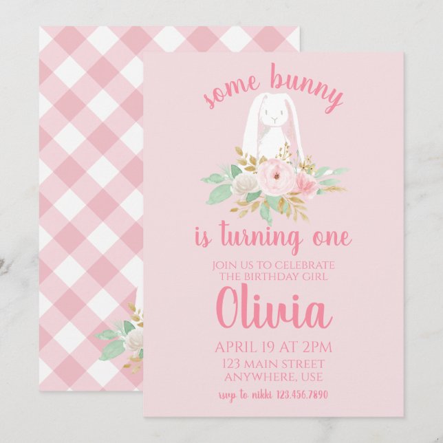 Blommigt och Rosa för inbjudan till nyfödda (Fram/baksida)