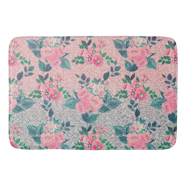 Blommigt och Rosa Silver Ombre Glitter Design Badrumsmatta (Framsidan)