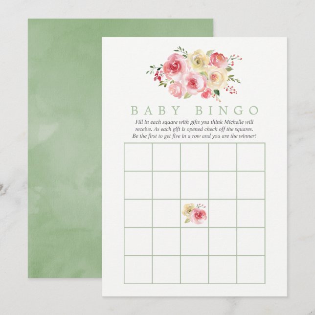 Blommigt  och Sage Baby Shower Baby Bingo Inbjudningar (Fram/baksida)