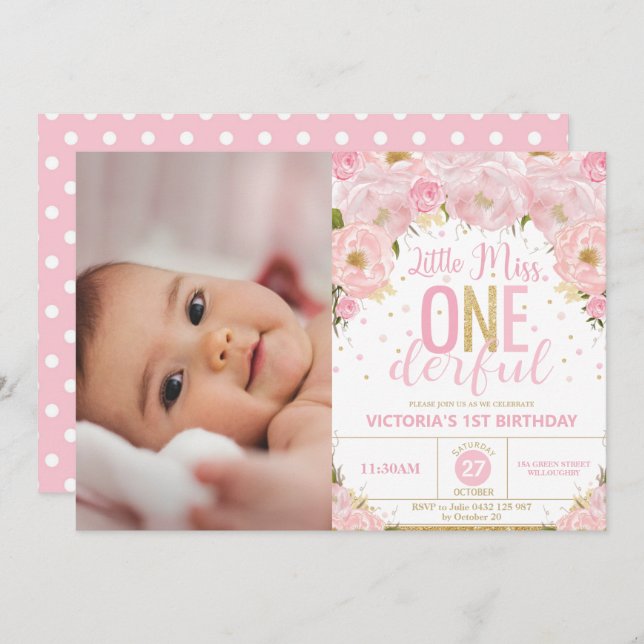  Blommigt: ogift 1:a födelsedag Inbjudningar (Fram/baksida)