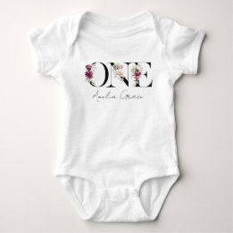 Blommigt ONE Flicka 1st Birthday + Namn Outfit T Shirt
