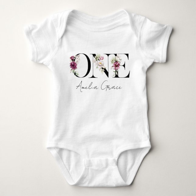 Blommigt ONE Flicka 1st Birthday + Namn Outfit T Shirt (Framsida)