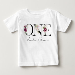 Blommigt ONE Flicka 1st Birthday + Namn Outfit T Shirt