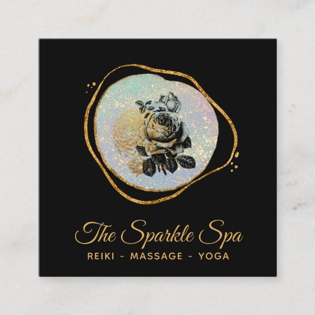 *~* Blommigt Opal för Ro i Guld Glitter Fyrkantigt Visitkort (Framsida)