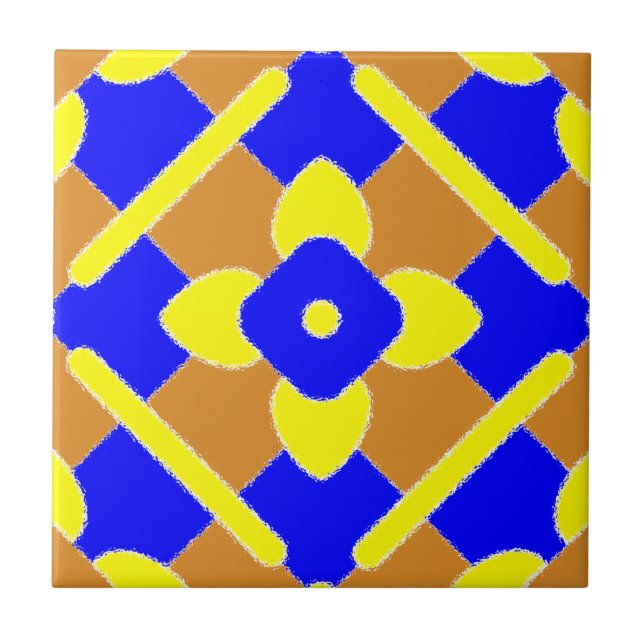 Blommigt Orange Blue and Gult Spain Tile Kakelplatta (Framsidan)