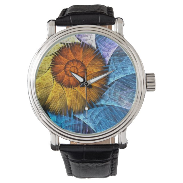 Blommigt Orange Gult Blue Abstrakt Art Armbandsur (Framsida)