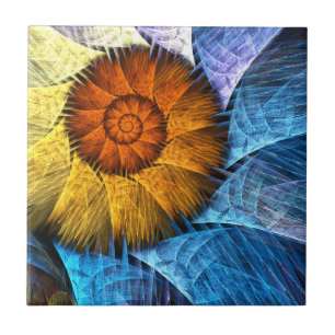 Blommigt Orange Gult Blue Abstrakt Art Kakelplatta