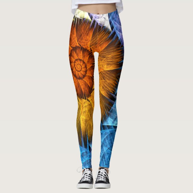 Blommigt Orange Gult Blue Abstrakt Art Leggings (Framsida)