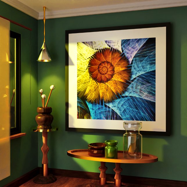 Blommigt Orange Gult Blue Abstrakt Art Poster (Floral Orange Yellow Blue Abstract Art Poster)