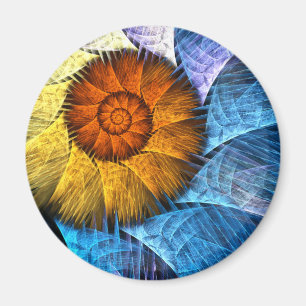 Blommigt Orange Gult Blue Abstrakt Art Round Magnet