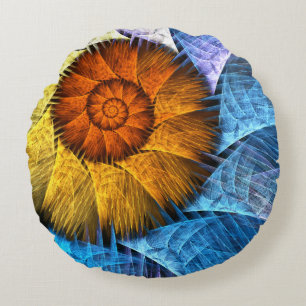 Blommigt Orange Gult Blue Abstrakt Art Rund Kudde