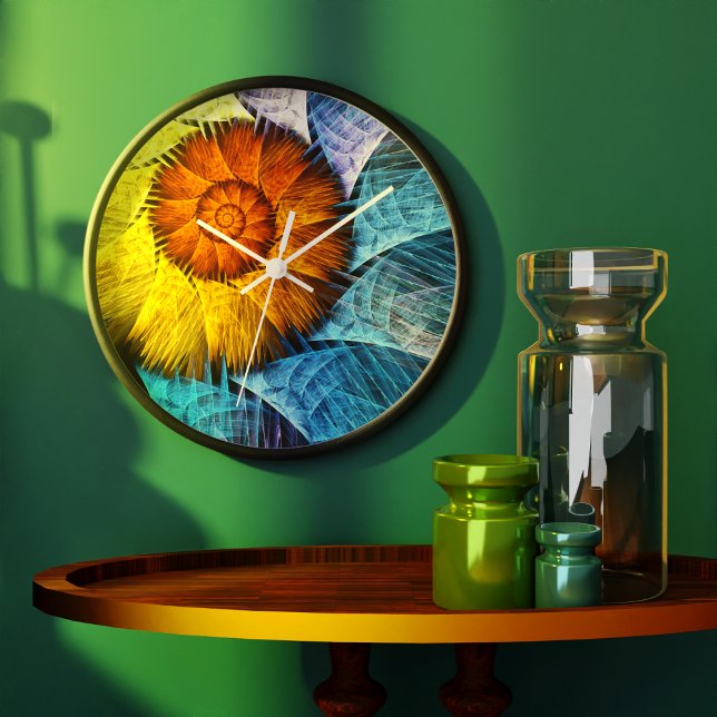 Blommigt Orange Gult Blue Abstrakt Art Stor Klocka (Floral Orange Yellow Blue Abstract Art Clock)