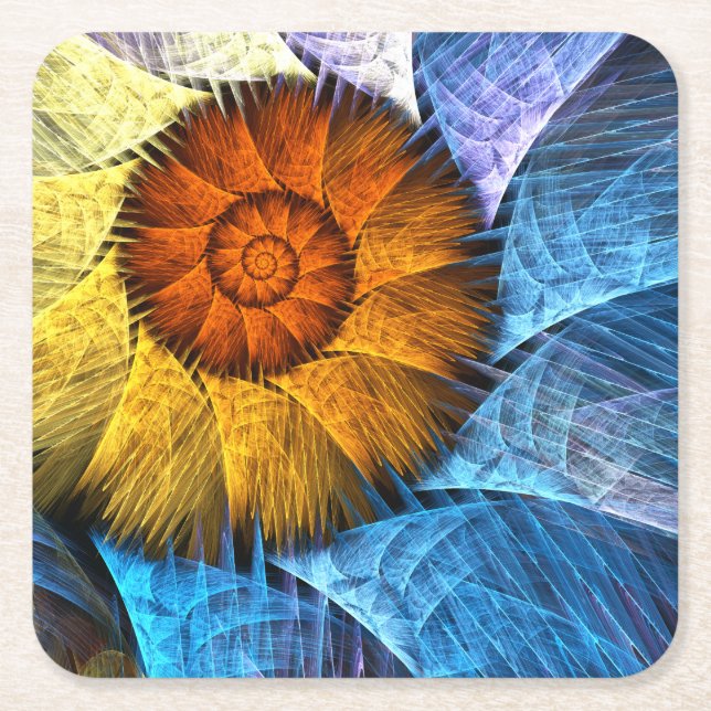 Blommigt Orange Gult Blue Abstrakt Art Underlägg Papper Kvadrat (Framsidan)