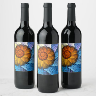 Blommigt Orange Gult Blue Abstrakt Art Vinflaska Etikett