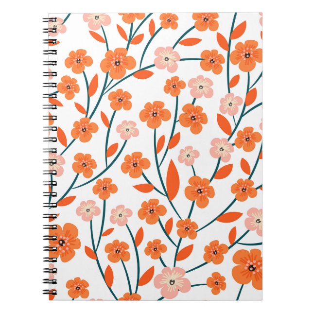 Blommigt Orange Pastel White Seamless Anteckningsbok (Framsidan)