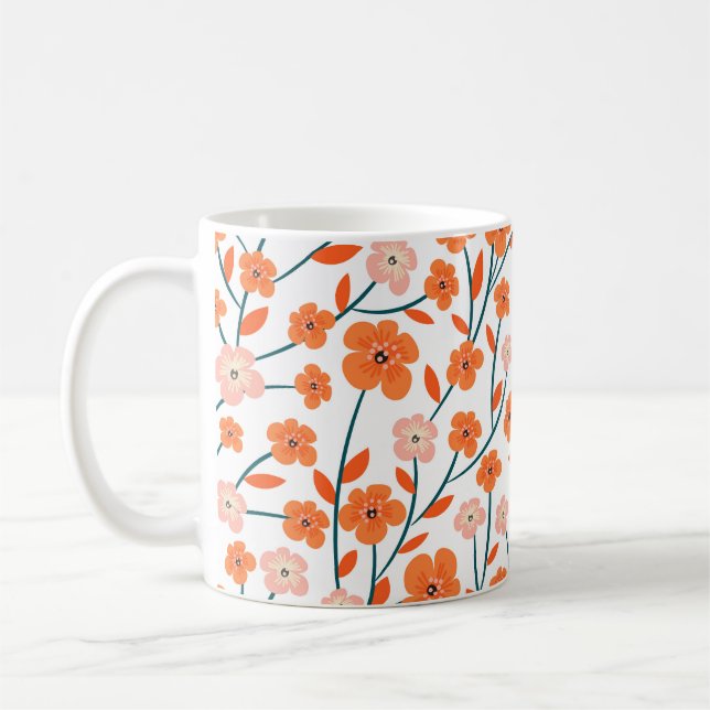 Blommigt Orange Pastel White Seamless Kaffemugg (Vänster)