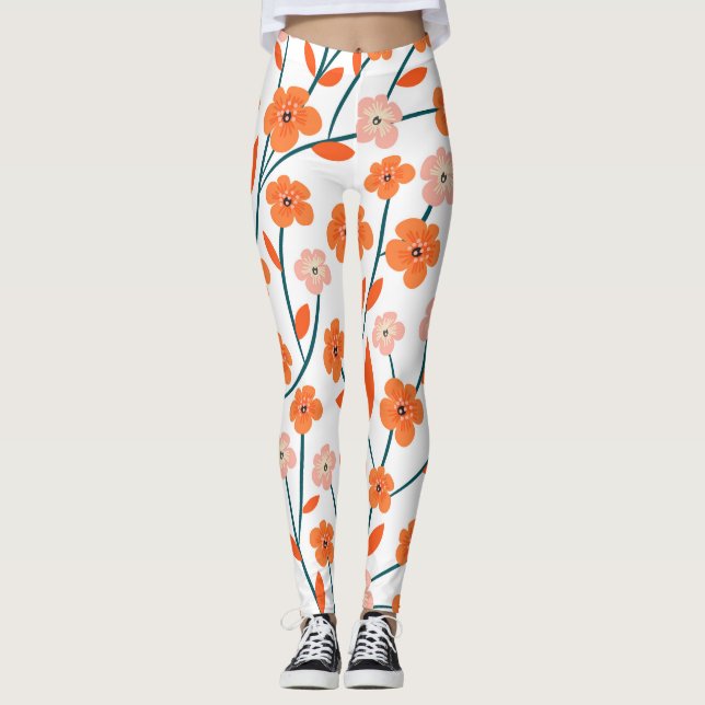 Blommigt Orange Pastel White Seamless Leggings (Framsida)
