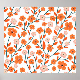 Blommigt Orange Pastel White Seamless Poster