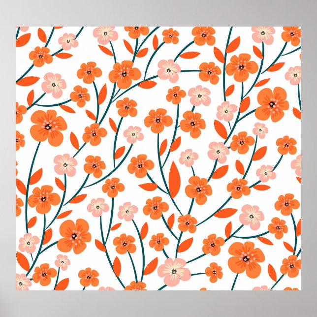 Blommigt Orange Pastel White Seamless Poster (Framsidan)