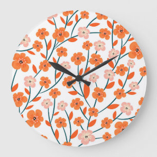 Blommigt Orange Pastel White Seamless Stor Klocka